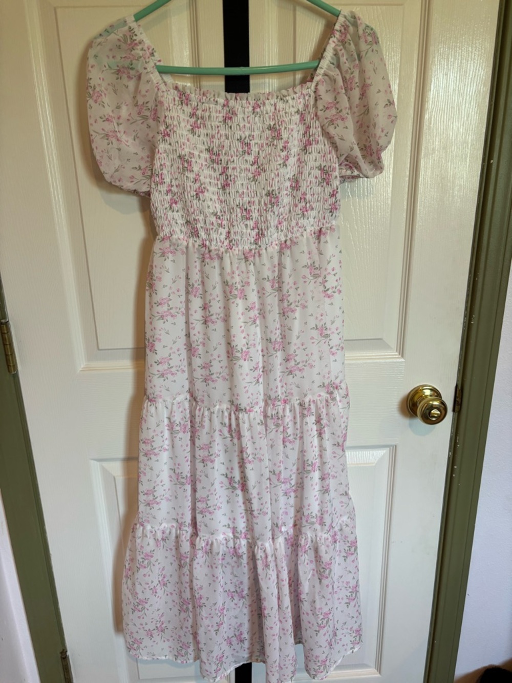 Celebrity Pink White Midi Dress with Pink Floral Print and Puff Sleeves